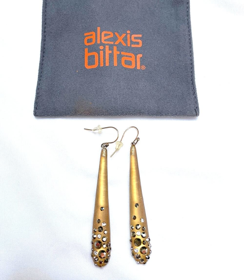 Alexis Bittar Gold Lucite Rhinestone Metallic Dust Drop Dangle Earrings
